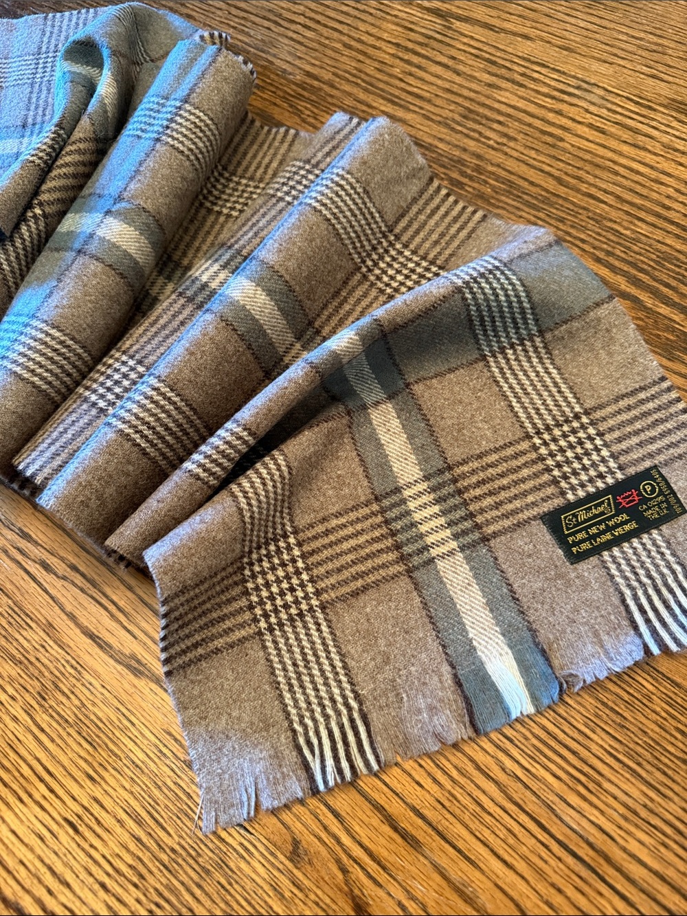 Vintage St Michael Pure New Wool Scarf Made in UK Neutral Plaid